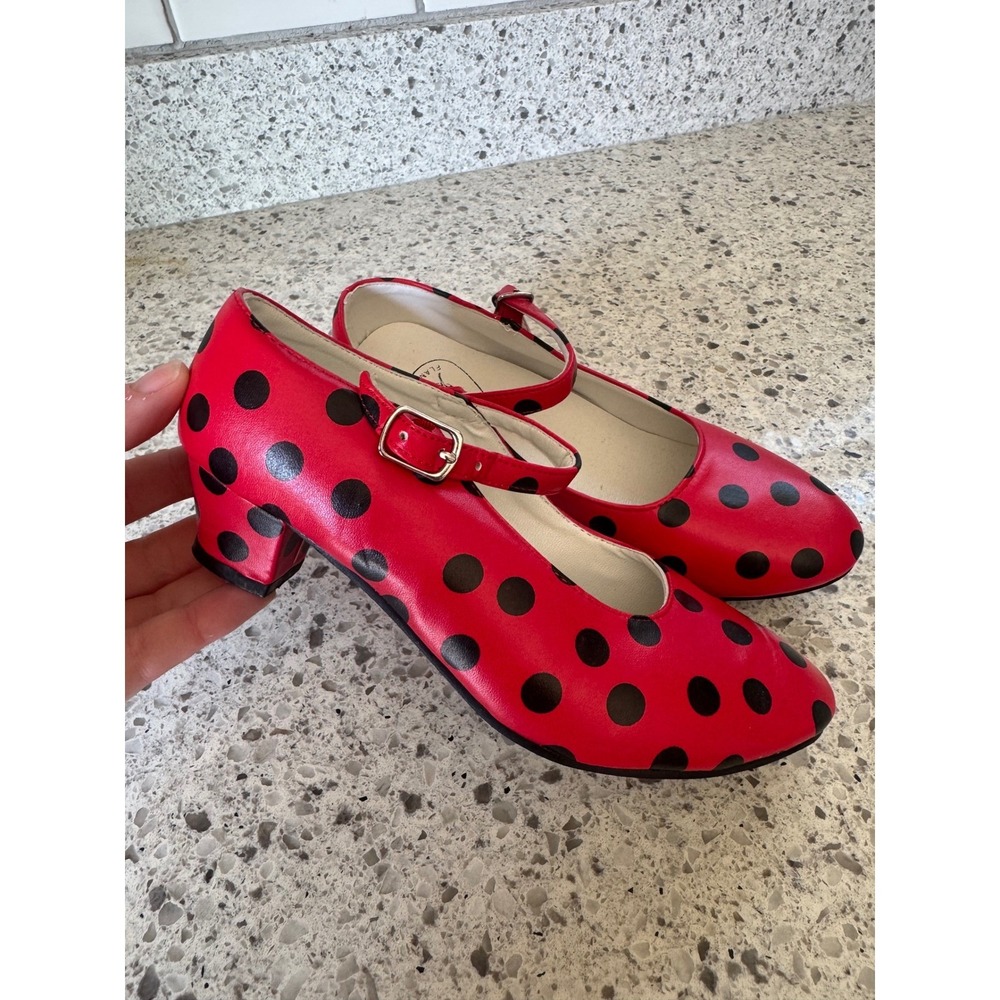 Flamenco Red Polka Dot Mary Jane Dance Shoes Low Block Heel Size 35